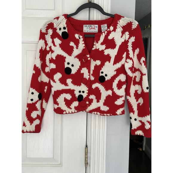 Michael Simon Other - VTG Michael Simon Girls Sz 6/6X Reindeer Cardigan Red White Christmas READ